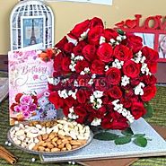 Red Roses with Assorted Dryfruit and Birthday Greeting Card