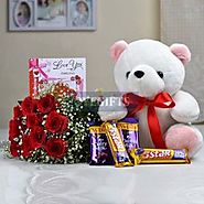 Red Roses with 12 inch Teddy Bear & Assorted Chocolates
