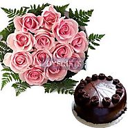 Send Pink Roses With Chocolate Cake
