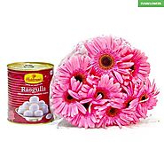 Bouquet of Ten Pink Gerberas with Tempting Rasgullas Sweet