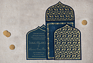 TEAL BLUE HANDMADE SILK PAISLEY THEMED - GLITTER WEDDING INVITATION : CSO-8208B - IndianWeddingCards
