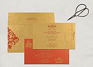 Red Gold Off-White Shimmery Damask Themed - Screen Printed Wedding Card