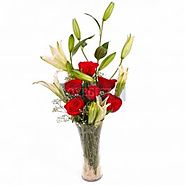 Exotic Vase Arrangement of Lilies and Red Roses