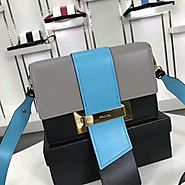 Prada 1BD069 Calfskin Leather Ribbon Bag In Black/Grey/Blue
