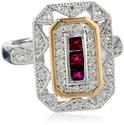 S&G Sterling Silver and 14k Yellow Gold Diamond and Ruby Art Deco Style Ring