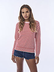 Neck Stripe Crew In Crimson/Cream - Jumper 1234