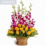 Basket of Yellow Roses with Orchids