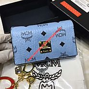 MCM Medium Visetos Heritage Trifold Wallet In Washed Blue
