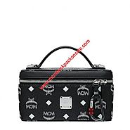 MCM Small Rockstar White Logo Visetos Vanity Case In Black