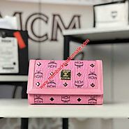 MCM Medium Gold Visetos Trifold Wallet In Pink