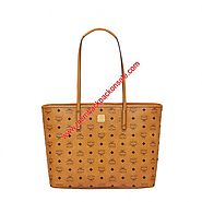 MCM Medium Anya Visetos Top Zip Shopper Tote In Brown