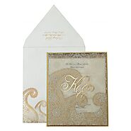 GOLD OFF-WHITE SHIMMERY PAISLEY THEMED - SCREEN PRINTED WEDDING INVITATION : CD-829 - IndianWeddingCards