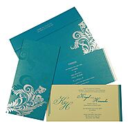 CYAN BLUE SHIMMERY FLORAL THEMED - SCREEN PRINTED WEDDING CARD : G-8259B - 123WeddingCards