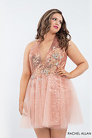 Halter Fitted Mini Homecoming Plus Size Dresses in Gold Color | Style - 4801