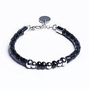 Polaris – Black Leather Bracelet with Black Onyx and Stainless Steel Beads