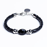 Atria – Black Leather Bracelet with Black Onyx and Stainless Steel Beads
