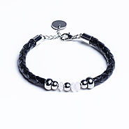 Aquila - Black Leather Bracelet with Rose Quartz Beads