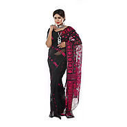 Jamdani Khadi Cotton Saree (Black, Purple) - Vishyam