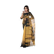 Embroidered Handloom Cotton Silk Saree (Beige, Black) - Vishyam