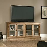 Buy Scribed Oak Wood Finish TV Stand with Tempered Glass Doors From Desserich Home