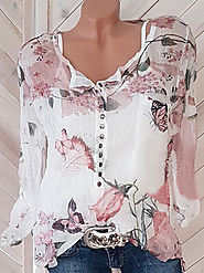 Floral Printed V-neck Long Sleeve Blouses - Newchic