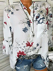 Floral Print Stand Collar Long Sleeve Chiffon Blouse Cheap - NewChic