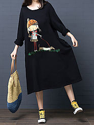 Cotton Cartoon Printed Long Sleeve Pullover Dress with Pockets is comfortable, see other simple casual dress on NewChic.