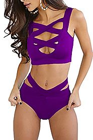 Prograce Sexy Front Cross Hollow Out V Neck Bandage Beachwear Set For Women Purple L