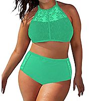 EVALESS Womens Stylish Patterned High Waisted Bikini Set Swimsuit X-Large Size Green