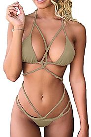 ESONLAR Bikini Sets for Women Braid Criss Cross Bandage 2PCS Swimsuit Beige S