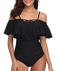 One Piece V Neck Off Shoulder Flounce Ruched Tummy Control Swimsuits – Tempt Me