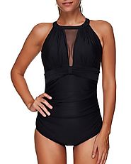 Tempt Me Padded High Neck Mesh Ruched Tummy Control One Piece Swimsuit