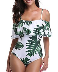 Vintage Floral Tropical Palm Printed Ruffled Off the Shoulder Swimsuit – Tempt Me