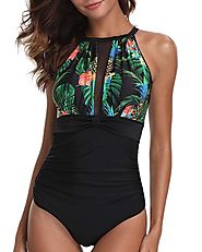 Holipick Floral & Palm Printed High Neck Keyhole Mesh Ruched Swimsuit – Tempt Me