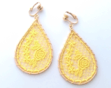 Clip On Earrings - Large Gold Dangle Clip On Earrings Yellow Embroidered