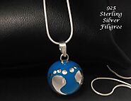 HarmonyBall.net.au - Harmony Ball Necklace, Blue Chime with Silver Filigree Baby Feet