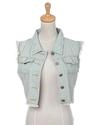 Anna-Kaci S/M Fit Washed Out Denim Sleeveless Cropped Buttoned Jacket w Pockets