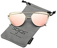 SojoS Cat Eye Mirrored Flat Lenses Street Fashion Metal Frame Women Sunglasses SJ1001 With Gold Frame/Pink Mirrored Lens
