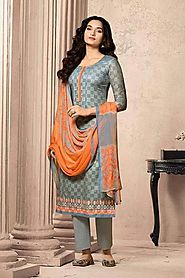 Grey and orange Designer Straight-style Cotton Salwar Suit