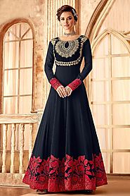 Navy Blue Embroidered Evening Dress in Georgette