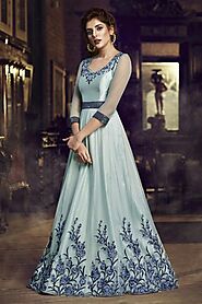 Pastel Blue Embroidered Silk Gown