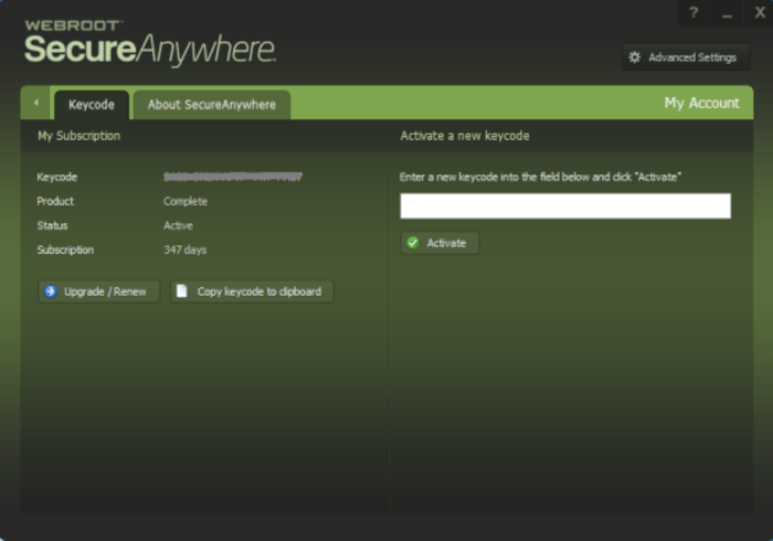 add webroot keycode to existing account