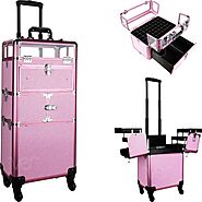 VT005 - Pink Krystal Pattern 3-Tiers Accordion Trays 4-Wheels Professional Rolling Aluminum Cosmetic Makeup Case and ...