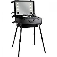 VLR005 - Professional Rolling Studio Makeup Case with Tempered Glass Mirror, 3 Temp LED Lights, Multimedia, Speakers ...