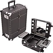 C6202 - All Black Leather-Like Professional Rolling Makeup Studio Case with Lights, Mirror & Silver Hardware Online