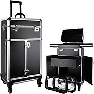 VBR005 - Black Matte 4 Wheels Barber Rolling Case with Clear Pouch Trays Drawer and Brush Hair Dryers Shears Holder O...