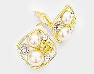 Clip On Earrings - Spectacular Clip On Pearl Earrings Gold with Dazzling Crystals