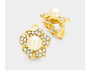 Clip On Earrings - Gorgeous Pearl Clip On Earrings Gold Flower Design with Crystals