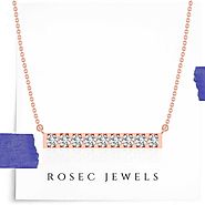 Diamond Bar Pendant Necklace, 14k Gold 9 Stone Line Pendant, Pave Diamond Necklace with Gold Chain