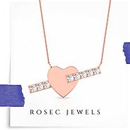 Gold Heart Bar Diamond Pendant, Golden Heart Shaped Love Pendant, Long Chain Necklace for Women